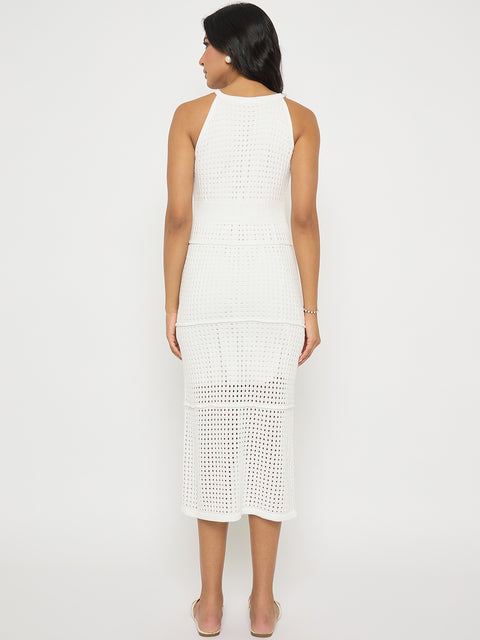 Madame Geometric Pattern Halter Neck White Midi Dress