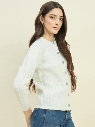 Madame Off White Round Neck Cardigan with Buttons