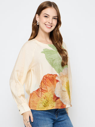 Madame Floral Print Rayon Blend Off White Top