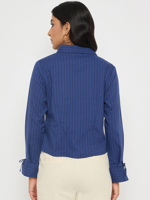 Madame Striped Solid Navy Cotton Shirt