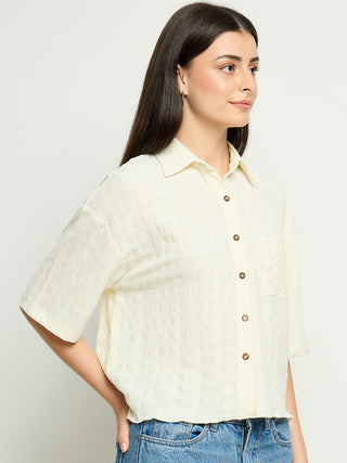 Madame Textured Pocketed Off White Shirt