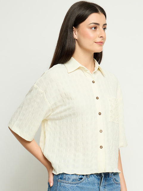 Madame Textured Pocketed Off White Shirt