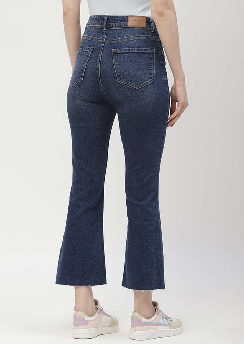 Madame High Rise Dark Blue Distressed Hem Flared Jeans