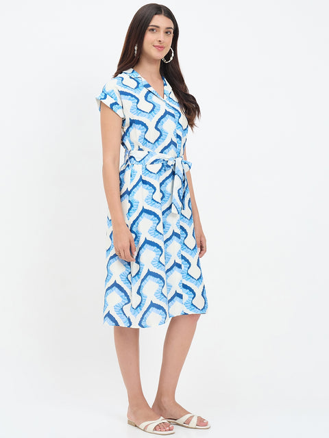 Madame Blue Cotton Printed Shirt Dress