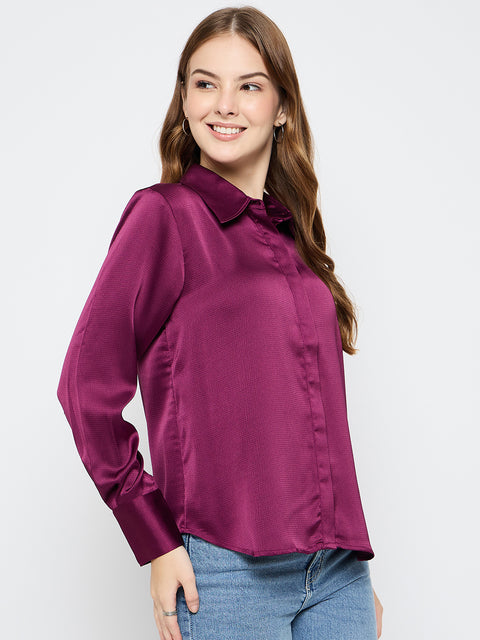 Madame Solid Plum Satin Shirt
