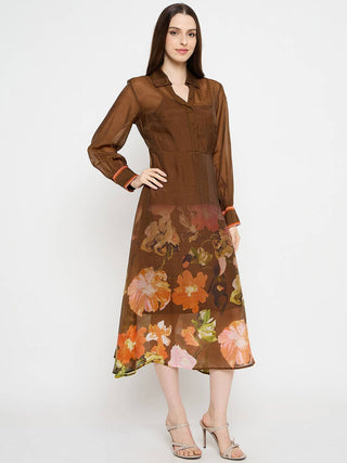 Madame Floral Print Chocolate Brown Midi Dress
