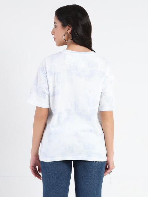 Madame Swarovksi Detailed Tie and Dye Sky Blue T-shirt