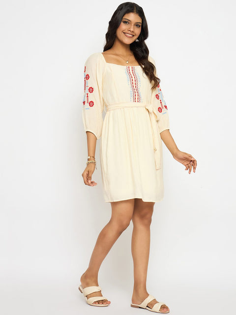 Madame Embroidered Ivory Belted Mini Dress