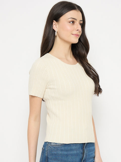 Madame Beige Viscose Blend Knitted T-Shirt