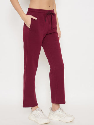 Madame Typography Print Wine Red Cotton Blend Track Bottoms