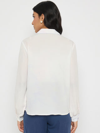 Madame Floral Print Contrast Stiched Collar Off White Shirt