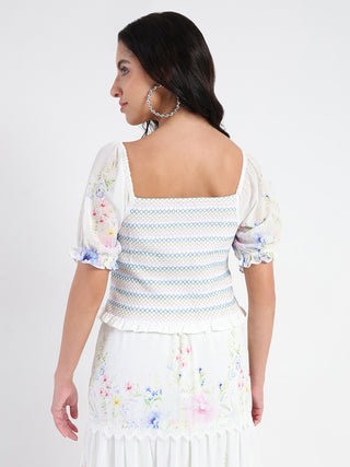 Madame Chiffon Smoking Contrast Threads Printed White Top