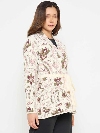 Madame Printed Beige Shrug with Belt