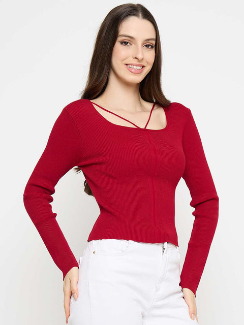 Madame Ribbed Knit Square Neck Red Crop Top