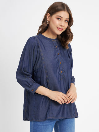 Madame Button-Down Front Solid Dark Navy Cotton Top