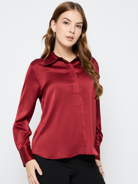 Madame Solid Red Satin Shirt