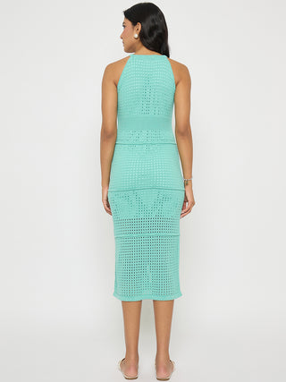 Madame Geometric Pattern Halter Neck Aqua Blue Midi Dress