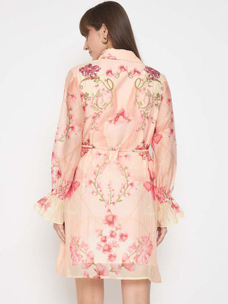 Madame Floral Print Peach Midi Shirt Dress