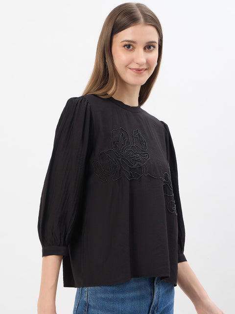 Madame Embroidery Black Rayon Blend Top