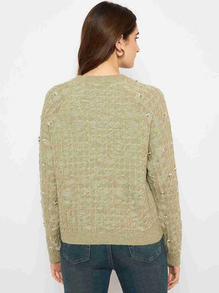 Madame Cable Knit Pearl Embellished Green Sweater