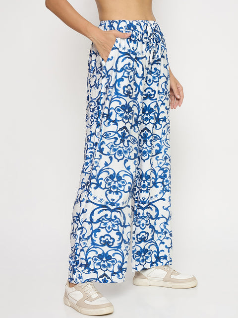 Madame Abstract Print Blue Rayon Palazzo Trousers