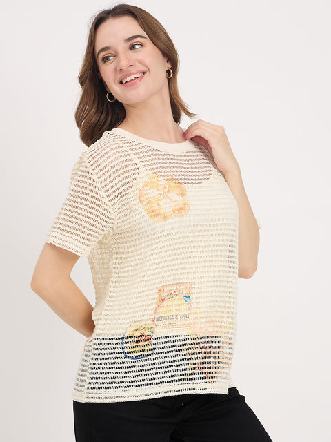 Madame Beige Printed Round Neck Half Sleeve T-Shirt