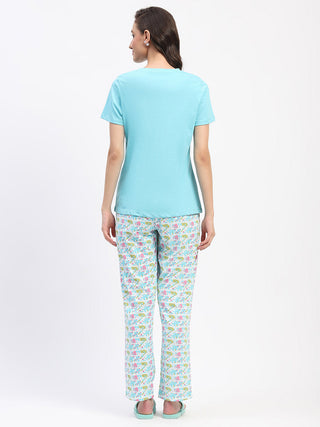 mSECRET Blue Cotton T-Shirt and Floral Print Pyjama Nightsuit