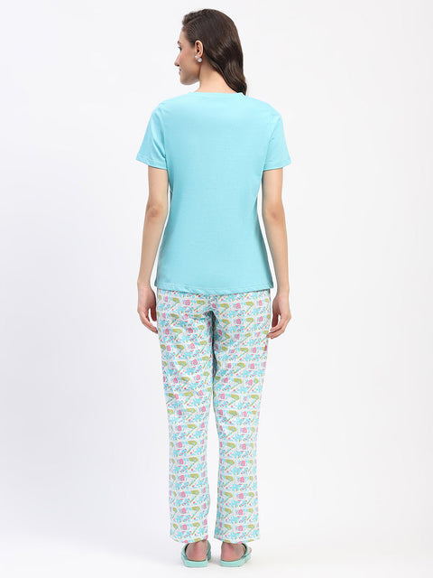 mSECRET Blue Cotton T-Shirt and Floral Print Pyjama Nightsuit