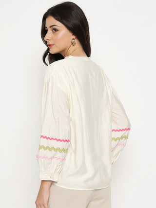 Madame Rayon Blend Dori Embroidered Off White Top