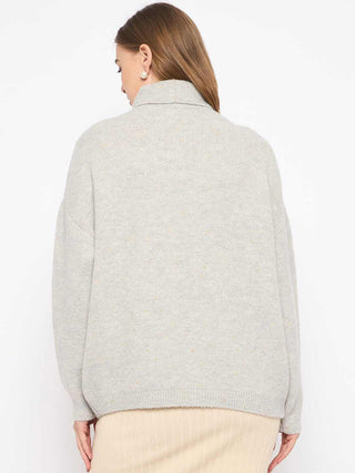Madame Graphic Printed Turtleneck Grey Sweater