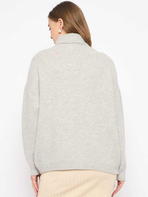 Madame Graphic Printed Turtleneck Grey Sweater