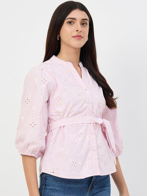 Madame Pink Belted Cotton Mandarin-Collar Top