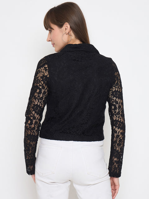 Madame Lace Zipper Cotton Blend Solid Black Top
