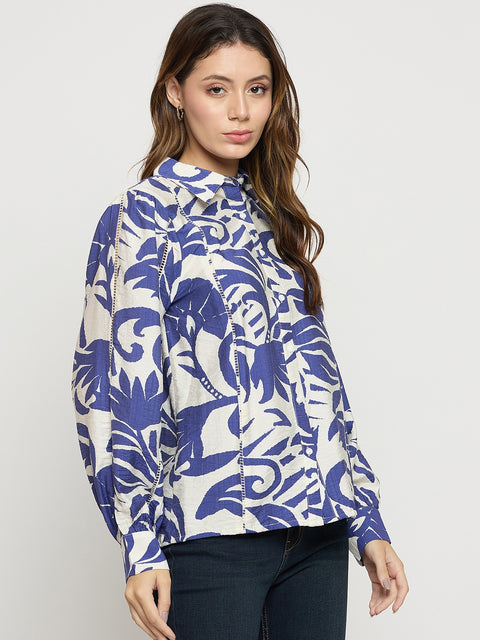 Madame Blue Rayon Full Sleeve Midi Shirt