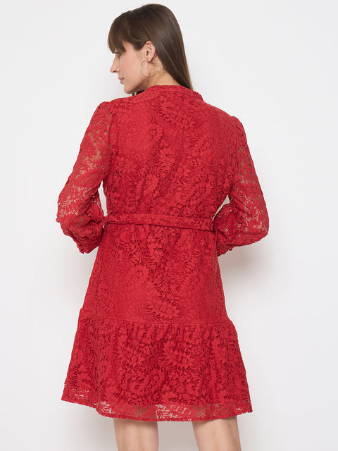 Madame Sheer Embroidered Belted Mini Red Mesh Dress