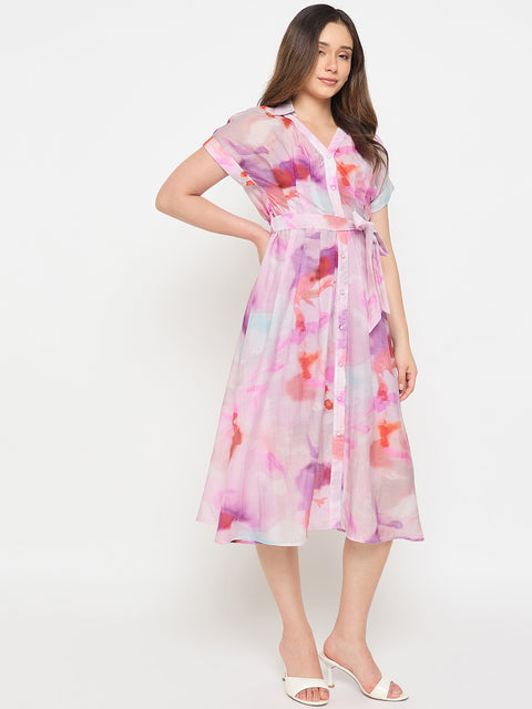 Madame Printed Purple FIt and Flare Dress