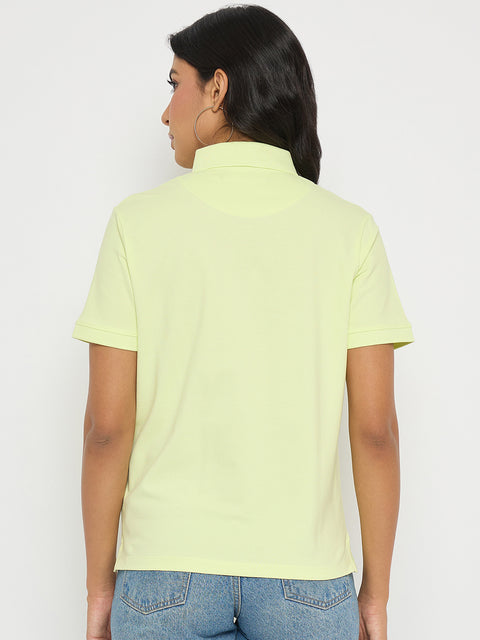 Madame Lime Yellow Cotton Blend Polo T-Shirt