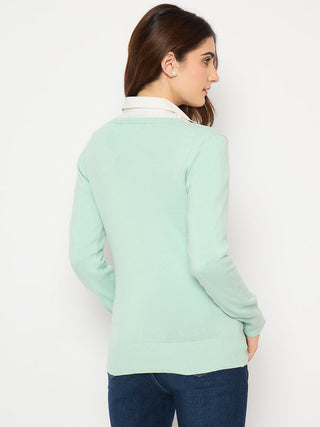 Madame Round Neck Ribbed Cuff Mint Green Sweater