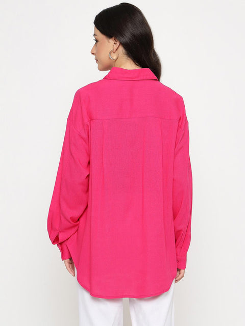 Madame Linen Blend Solid Hot Pink Shirt