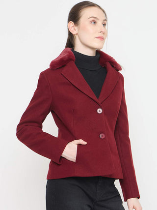 Madame Maroon Short Coat with Faux Fur Notched Lapel Neckline