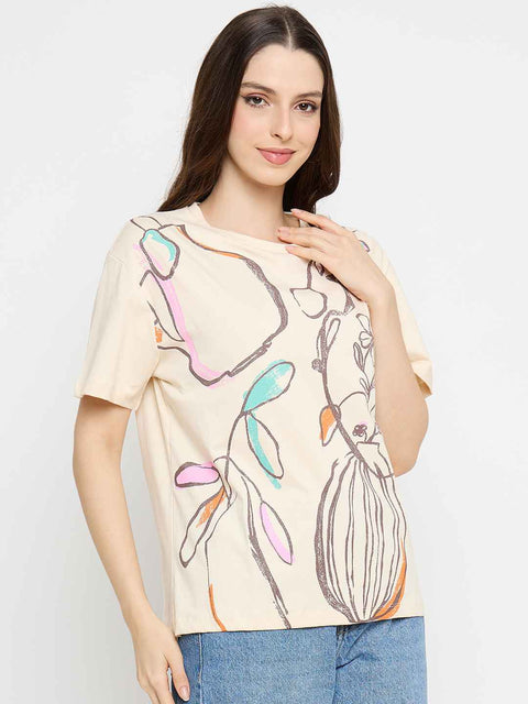 Madame Abstract Print Cotton Beige Half T-shirt