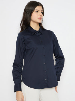Madame Navy Blue Cotton Blend Shirt