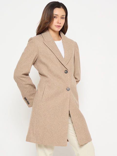 Madame Lapel Notch Collar Beige Long Coat with Buttons