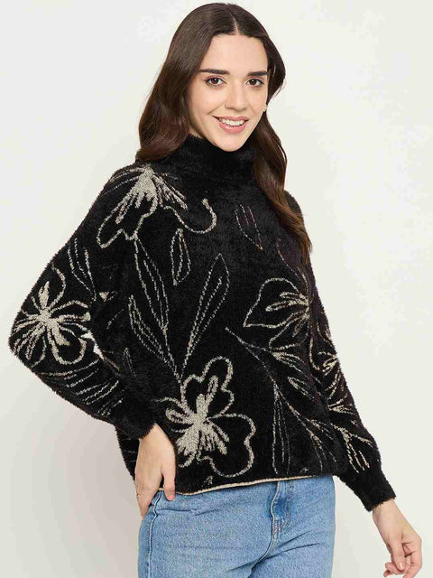 Madame Floral Print High Neck Black Sweater