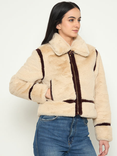 Madame Faux Fur Trim Beige Jacket with Contrast Seasms