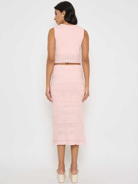 Madame Schiffli Top and Skirt Pink Cotton Knit Co-ord Set