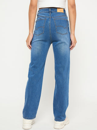 Madame Acid Wash Mid Blue Straight Cotton Blend Jeans