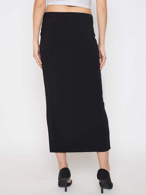 Madame Ruched Solid Black Pencil Skirt