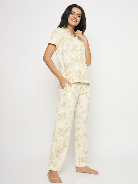 mSECRET Printed Beige Floral Cotton Night Suit