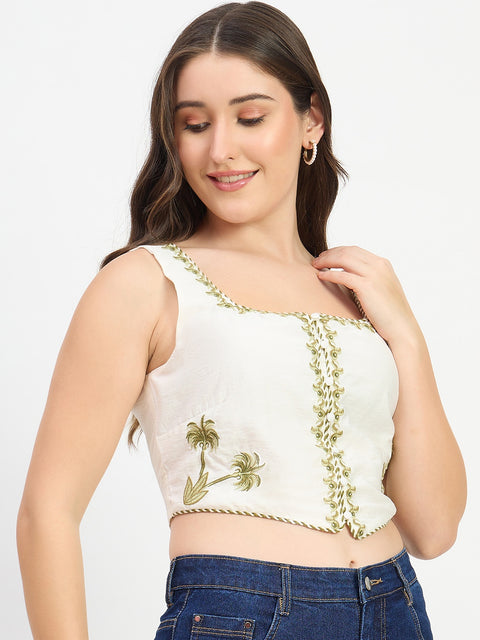 Madame Embroidered Off White Viscose Crop Top